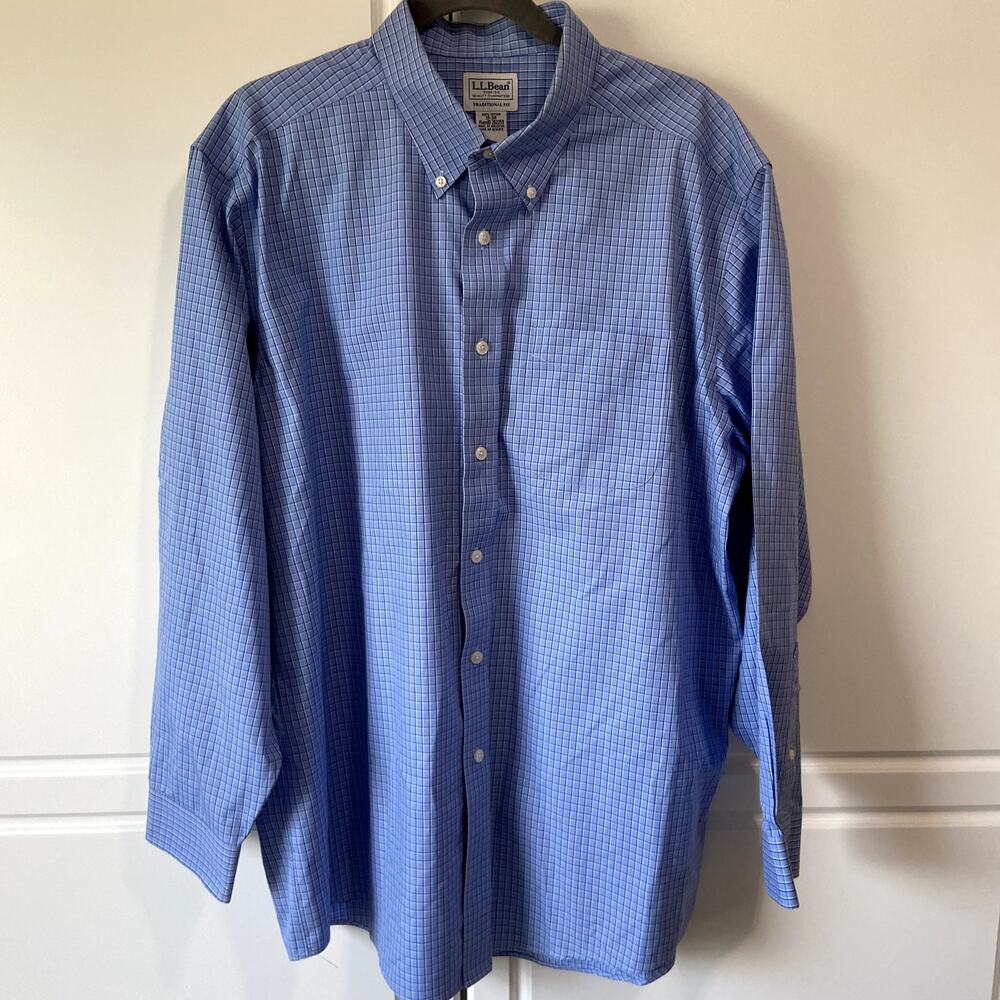 LL Bean Mens Blue Plaid Button Up Shirt Size 17-34 100% Cotton